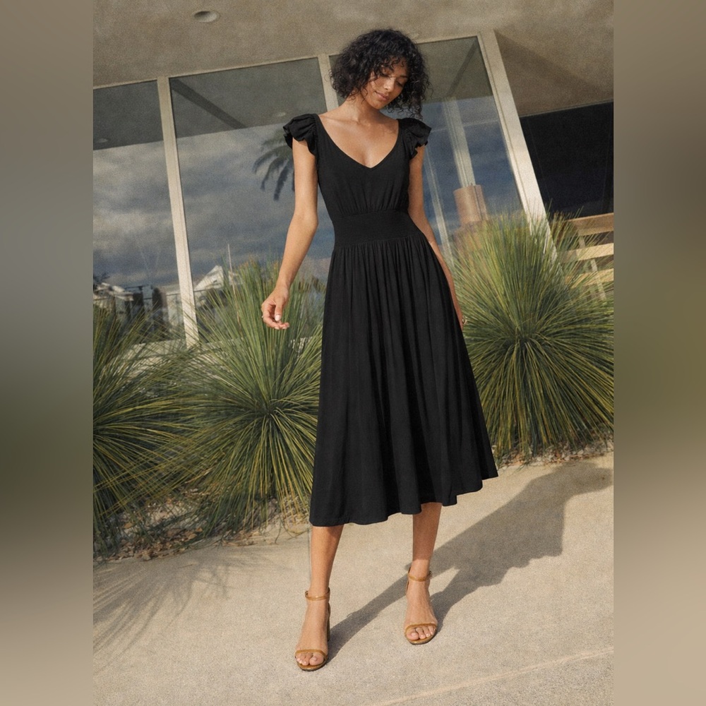 Nation LTD Mina Smocked Waist Midi Dress Flutter Sleeve Black Size S Resort Wear